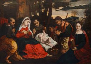 Bottega di Bonifacio de’ Pitati  (Verona, 1487 ca. – Venezia, 1553), Adorazione dei pastori  con i Santi Francesco e Caterina